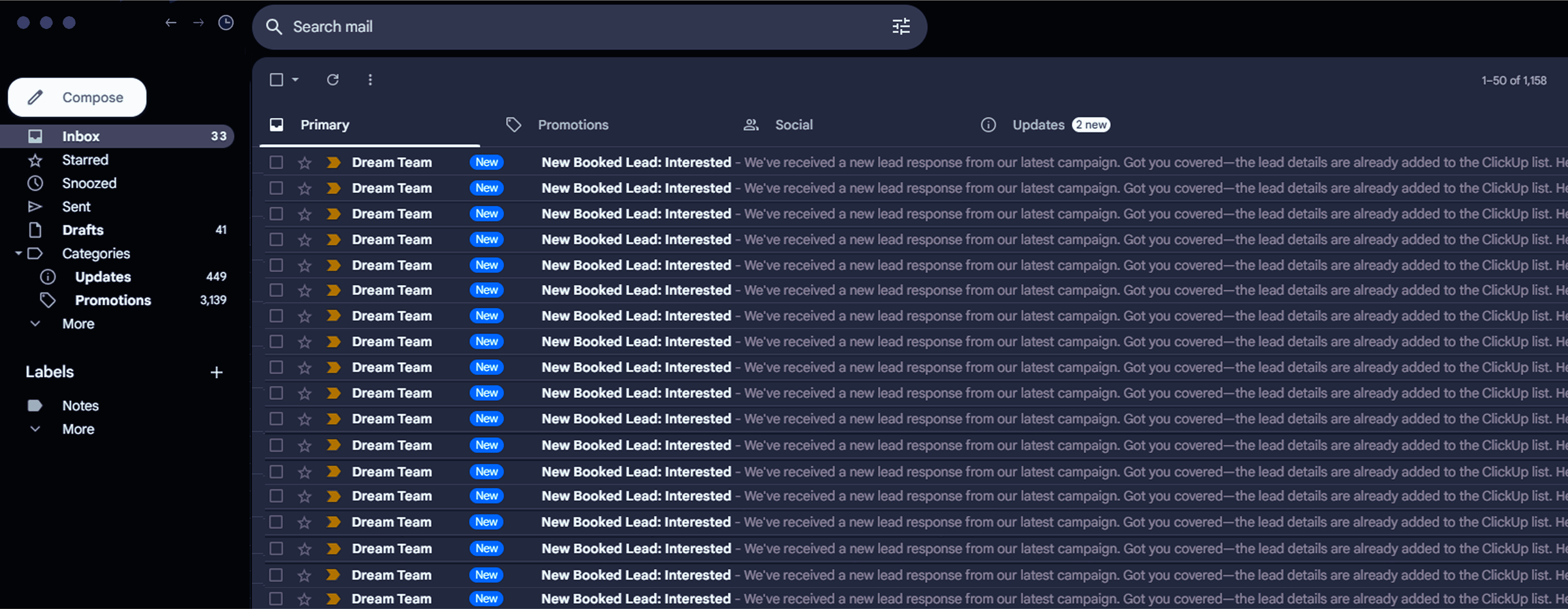 Email inbox showing multiple booked leads